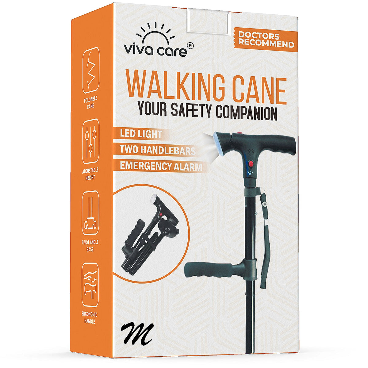 VIVA CARE Walking Stick with LED Light & Alarm – Lightweight, Foldable, Adjustable, Quad Base, Size M
