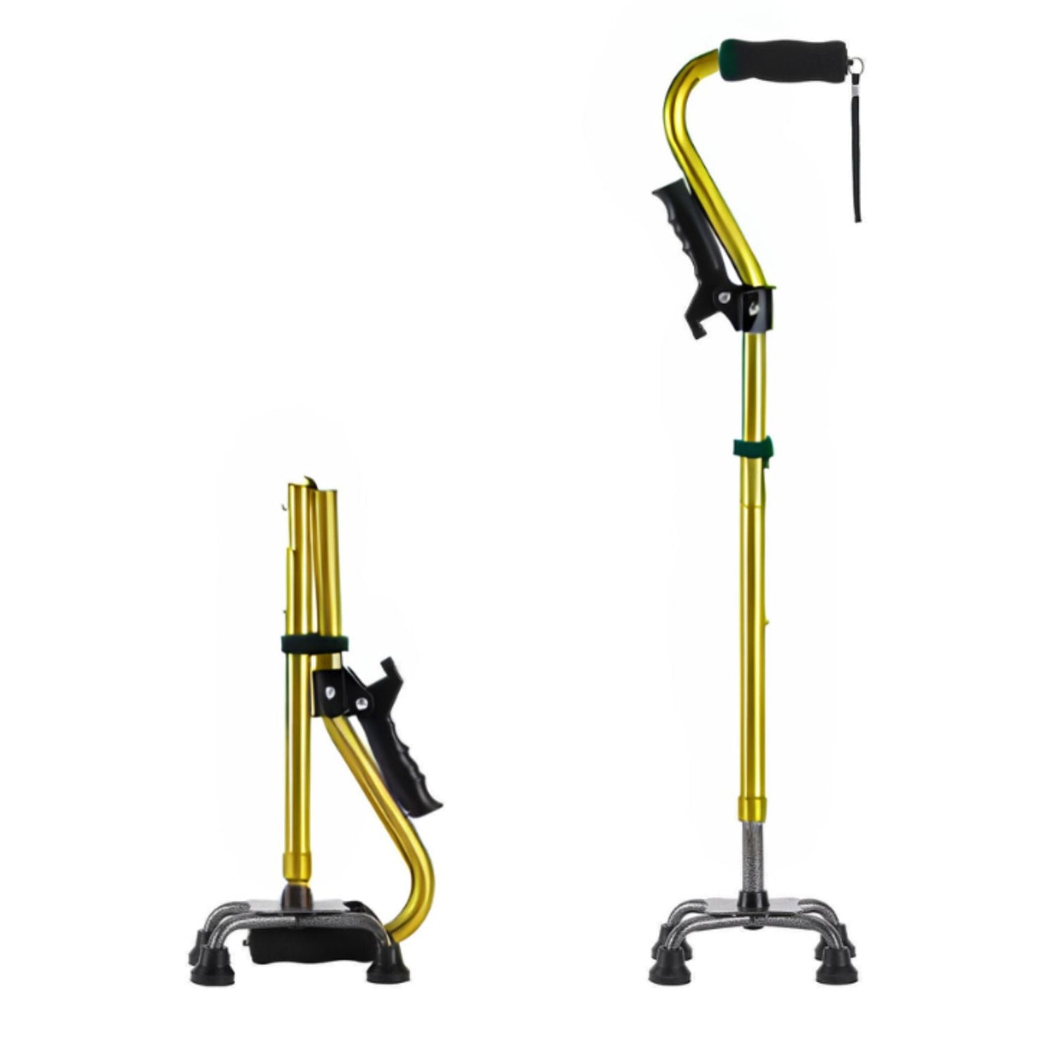 Walking Cane with 4 Prongs & Extra Side Handle (Gold)