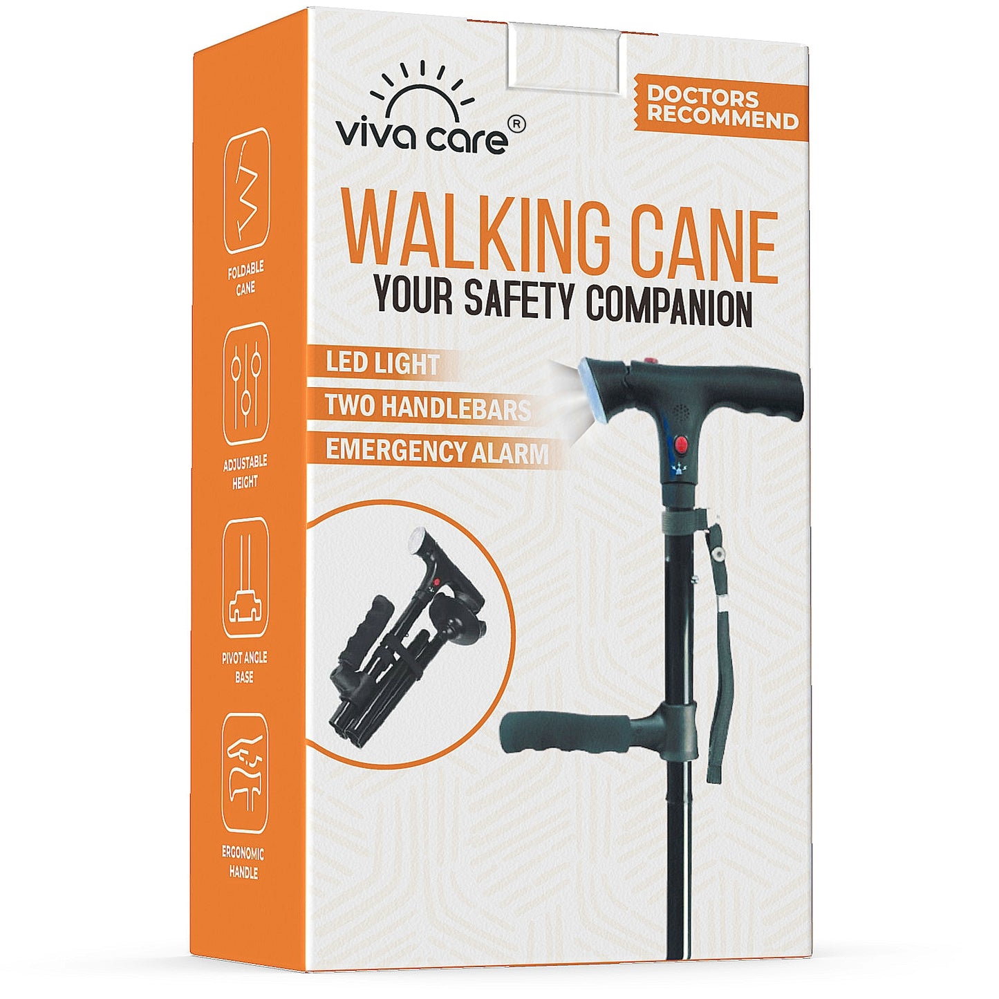 VIVA CARE Walking Stick with LED Light & Alarm – Lightweight, Foldable, Adjustable, Quad Base, Size L