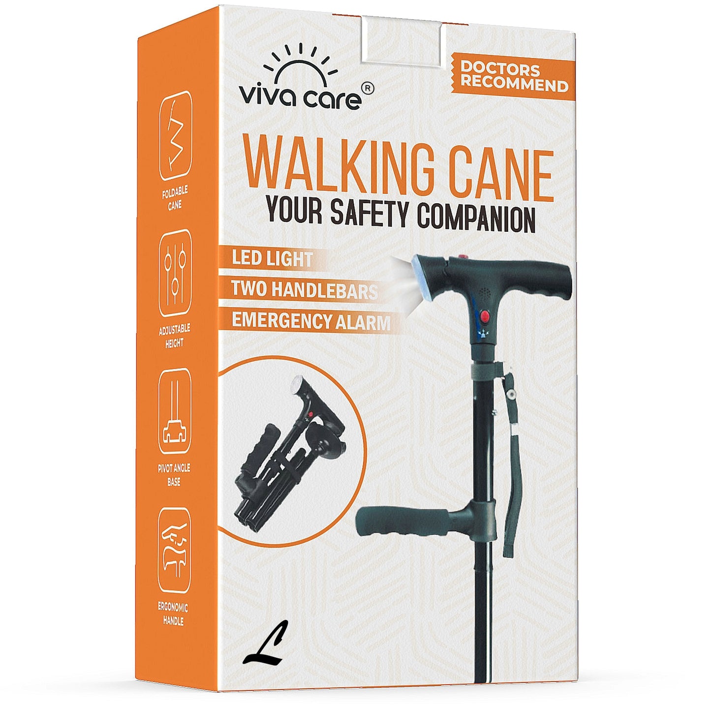 VIVA CARE Walking Stick with LED Light & Alarm – Lightweight, Foldable, Adjustable, Quad Base, Size L