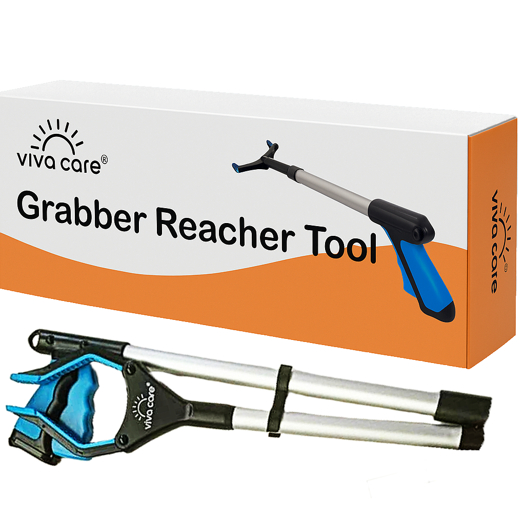 VIVA CARE Foldable Grabber Reacher for Seniors – Lightweight, Rotatable Clamp, Non-Slip Grip, 32" Long, An Arm Extension Pickup Tool, Blue