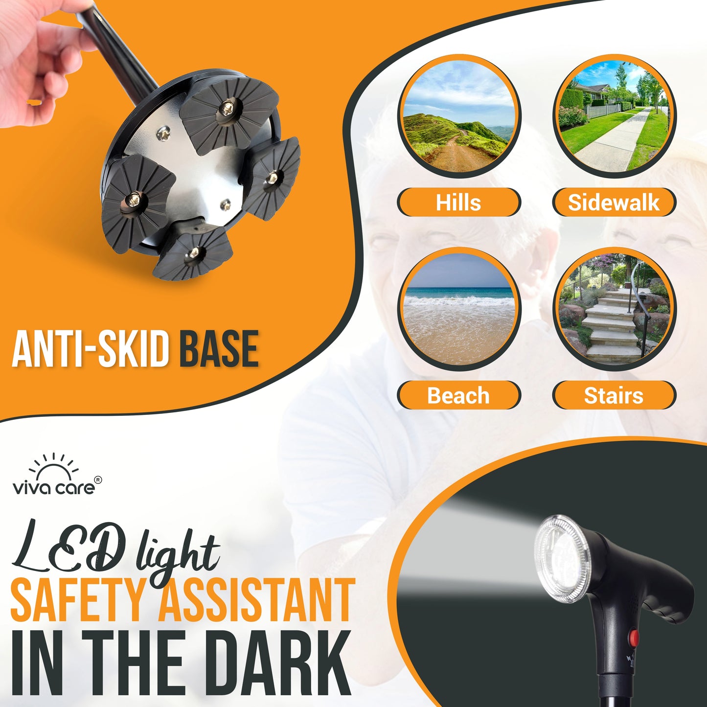 VIVA CARE Walking Stick with LED Light & Alarm – Lightweight, Foldable, Adjustable, Quad Base, Size M