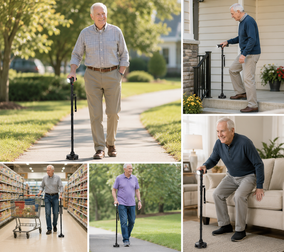 VIVA CARE Walking Stick with LED Light & Alarm – Lightweight, Foldable, Adjustable, Quad Base, Size L