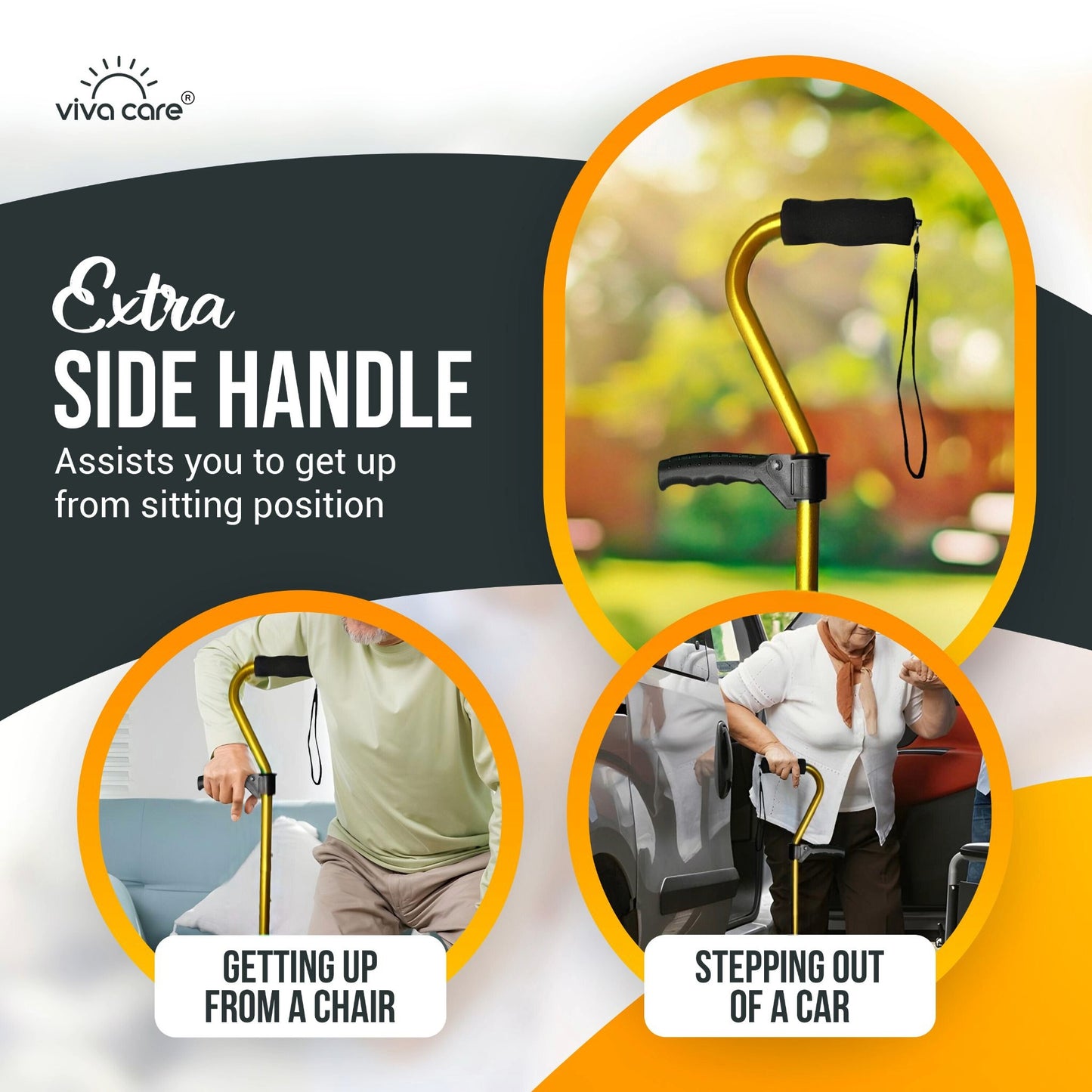 VIVA CARE Everyday Stylish Walking Stick – Foldable Adjustable Non-Slip 4 Prong Self-Standing Design, Gold