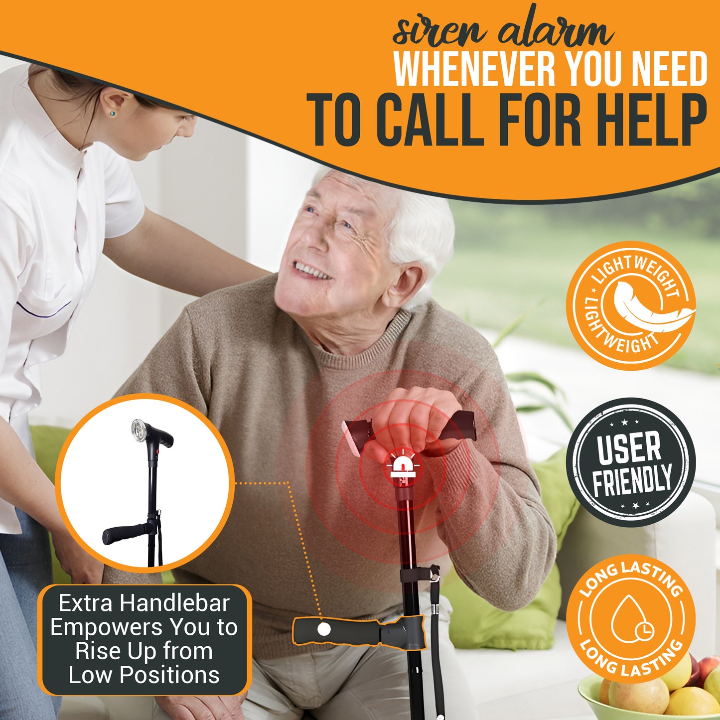 VIVA CARE Walking Stick with LED Light & Alarm – Lightweight, Foldable, Adjustable, Quad Base, Size M