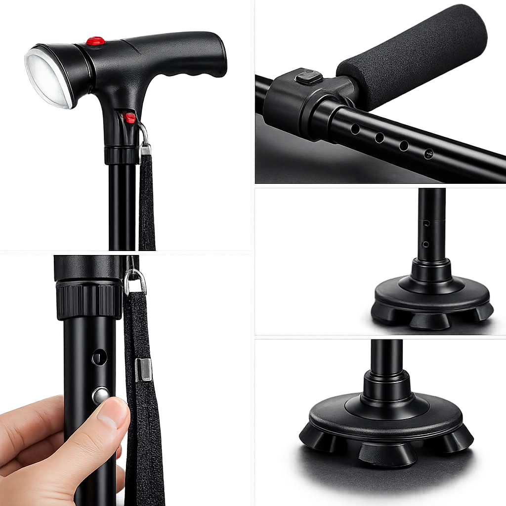 VIVA CARE Walking Stick with LED Light & Alarm – Lightweight, Foldable, Adjustable, Quad Base, Size M