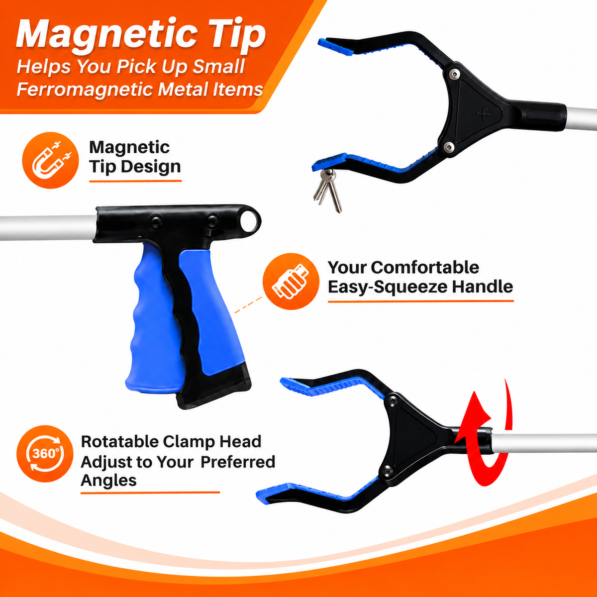 VIVA CARE Foldable Grabber Reacher for Seniors – Lightweight, Rotatable Clamp, Non-Slip Grip, 32" Long, An Arm Extension Pickup Tool, Blue