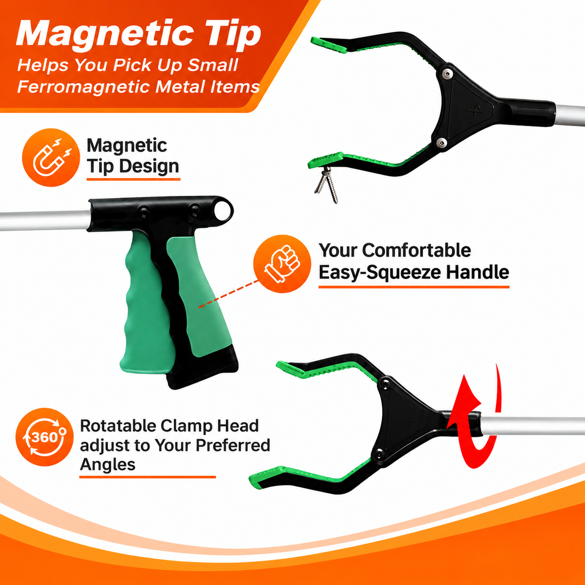 VIVA CARE Foldable Grabber Reacher for Seniors – Lightweight, Rotatable Clamp, Non-Slip Grip, 32" Long, An Arm Extension Pickup Tool, Green