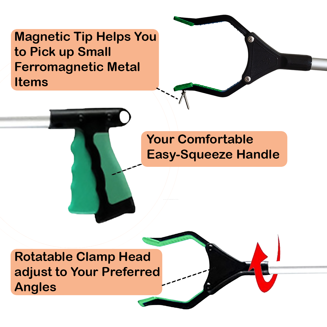 VIVA CARE Foldable Grabber Reacher for Seniors – Lightweight, Rotatable Clamp, Non-Slip Grip, 32" Long, An Arm Extension Pickup Tool, Green