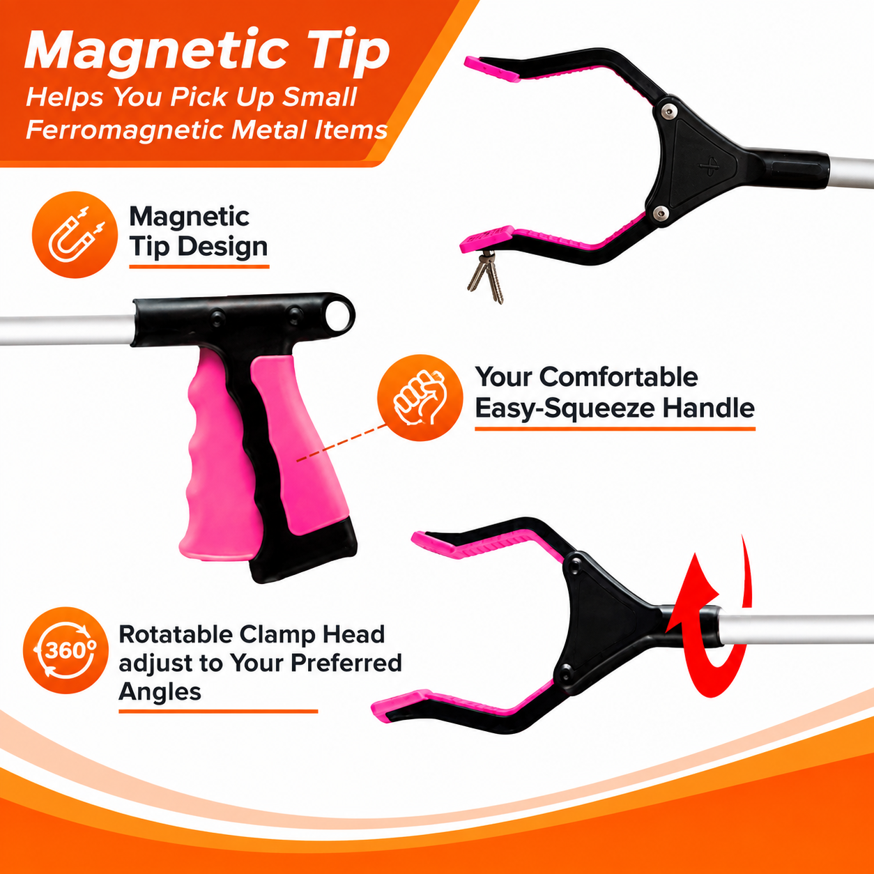 VIVA CARE Foldable Grabber Reacher for Seniors – Lightweight, Rotatable Clamp, Non-Slip Grip, 32" Long, An Arm Extension Pickup Tool, Pink
