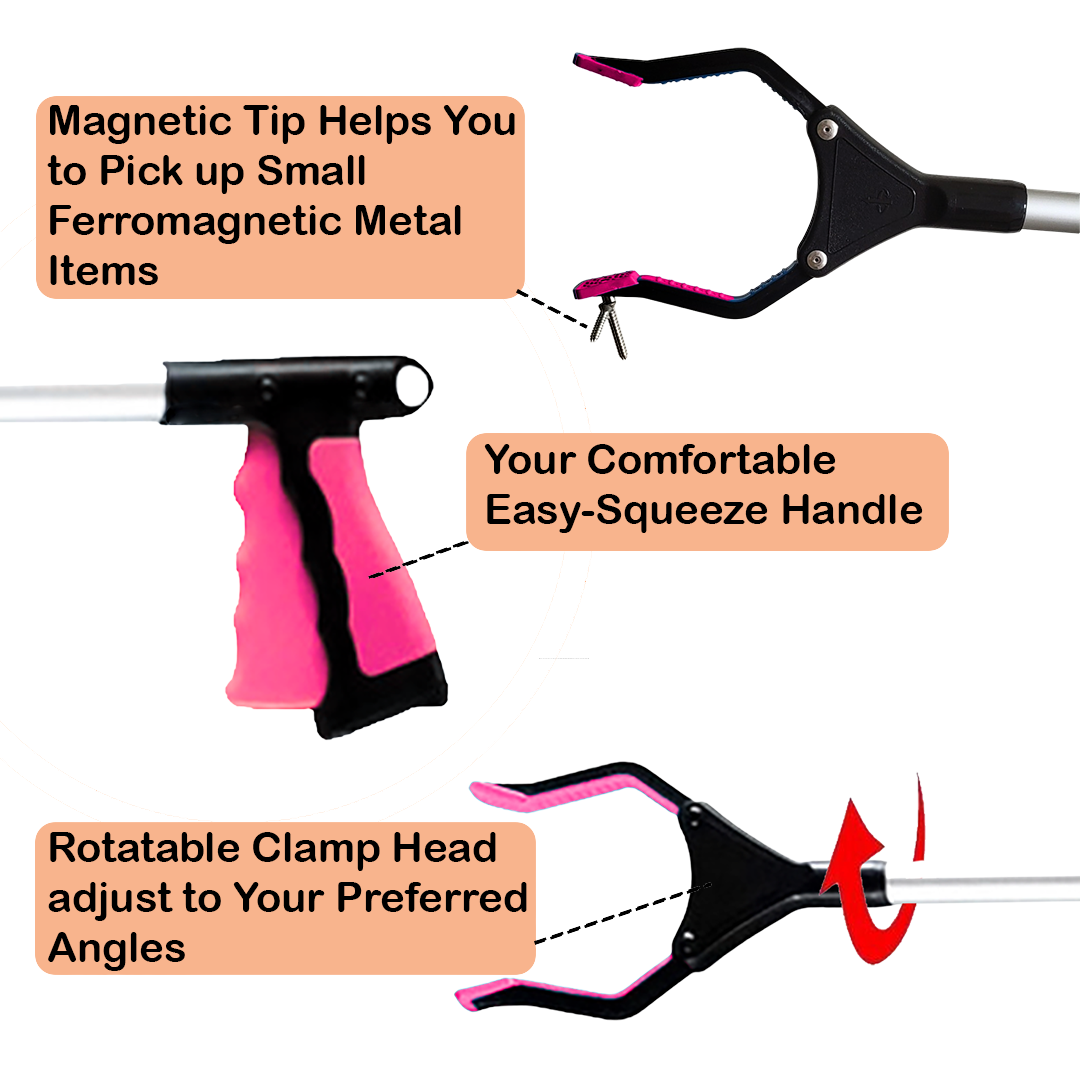 VIVA CARE Foldable Grabber Reacher for Seniors – Lightweight, Rotatable Clamp, Non-Slip Grip, 32" Long, An Arm Extension Pickup Tool, Pink