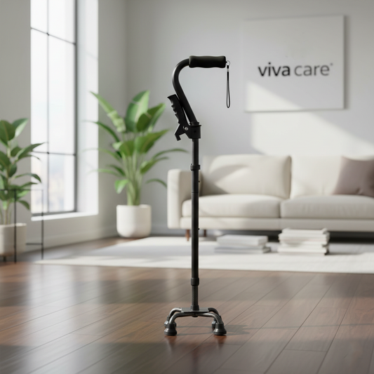 VIVA CARE Foldable Adjustable 4 Prong Walking Cane with Extra Side Handle – Non-Slip Quad Cane, 30-37 inch Long, Balance & Stability for Adults & Seniors, Black