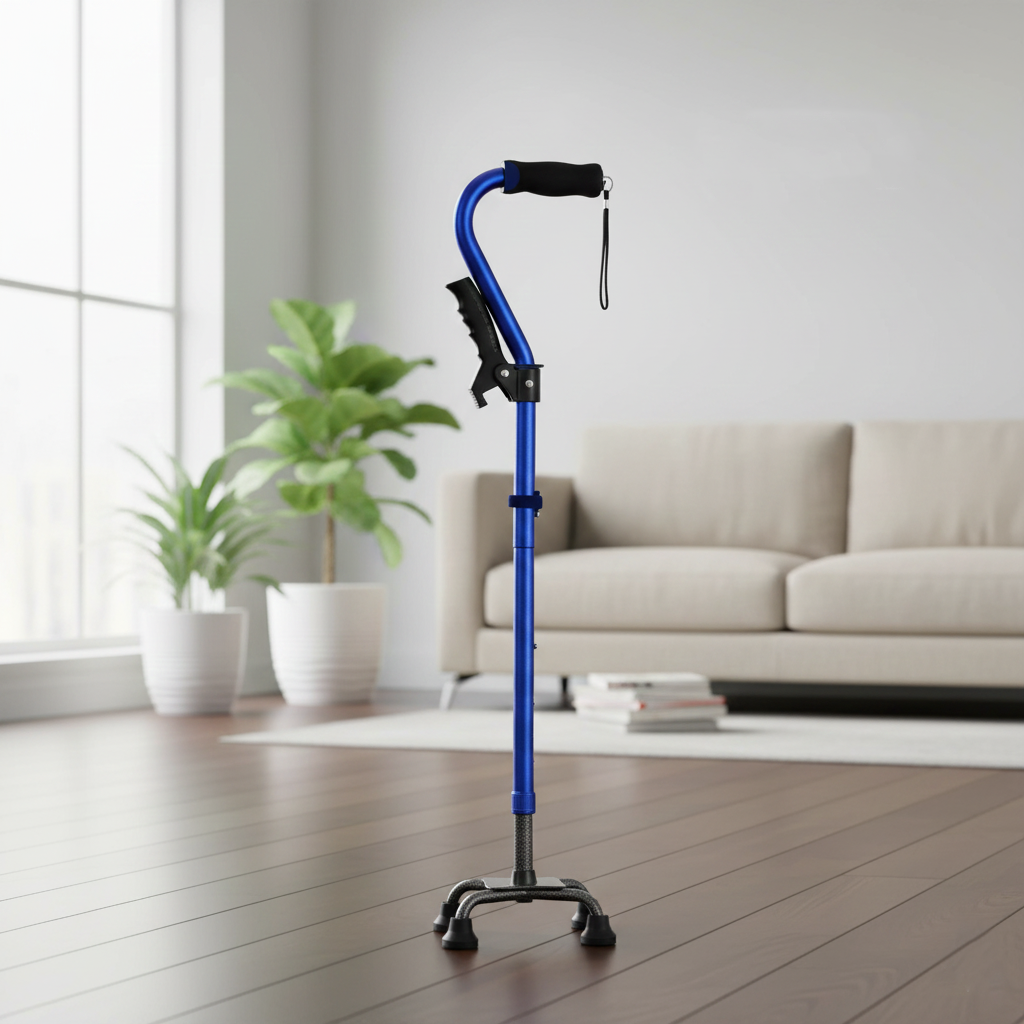 VIVA CARE Everyday Stylish Walking Stick – Foldable Adjustable Non-Slip 4 Prong Self-Standing Design, Blue