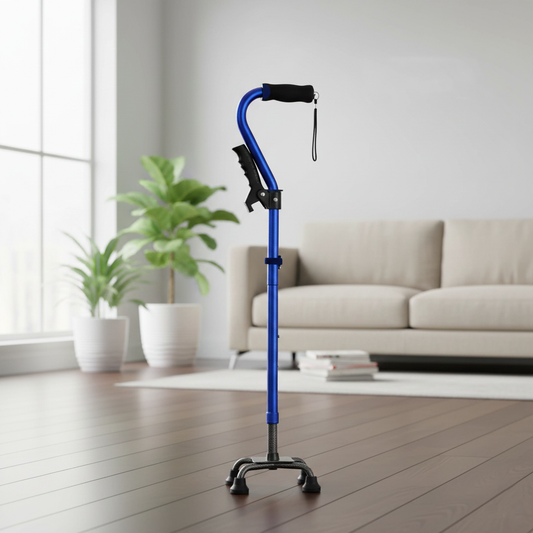 VIVA CARE Foldable Adjustable 4 Prong Walking Cane with Extra Side Handle – Non-Slip Quad Cane, 30-37 inch Long, Balance & Stability for Adults & Seniors, Blue