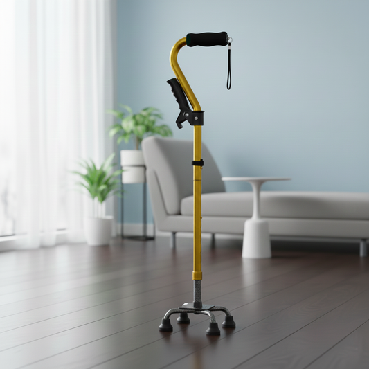 VIVA CARE Foldable Adjustable 4 Prong Walking Cane with Extra Side Handle – Non-Slip Quad Cane, 30-37 inch Long, Balance & Stability for Adults & Seniors, Gold