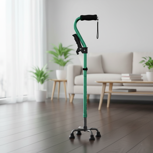 VIVA CARE Foldable Adjustable 4 Prong Walking Cane with Extra Side Handle – Non-Slip Quad Cane, 30-37 inch Long, Balance & Stability for Adults & Seniors, Green