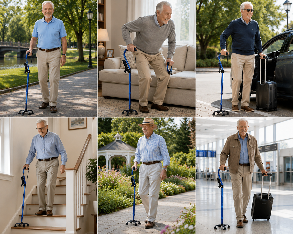 VIVA CARE Walking Cane – Foldable, Adjustable, 4-Prong Quad Base, Blue