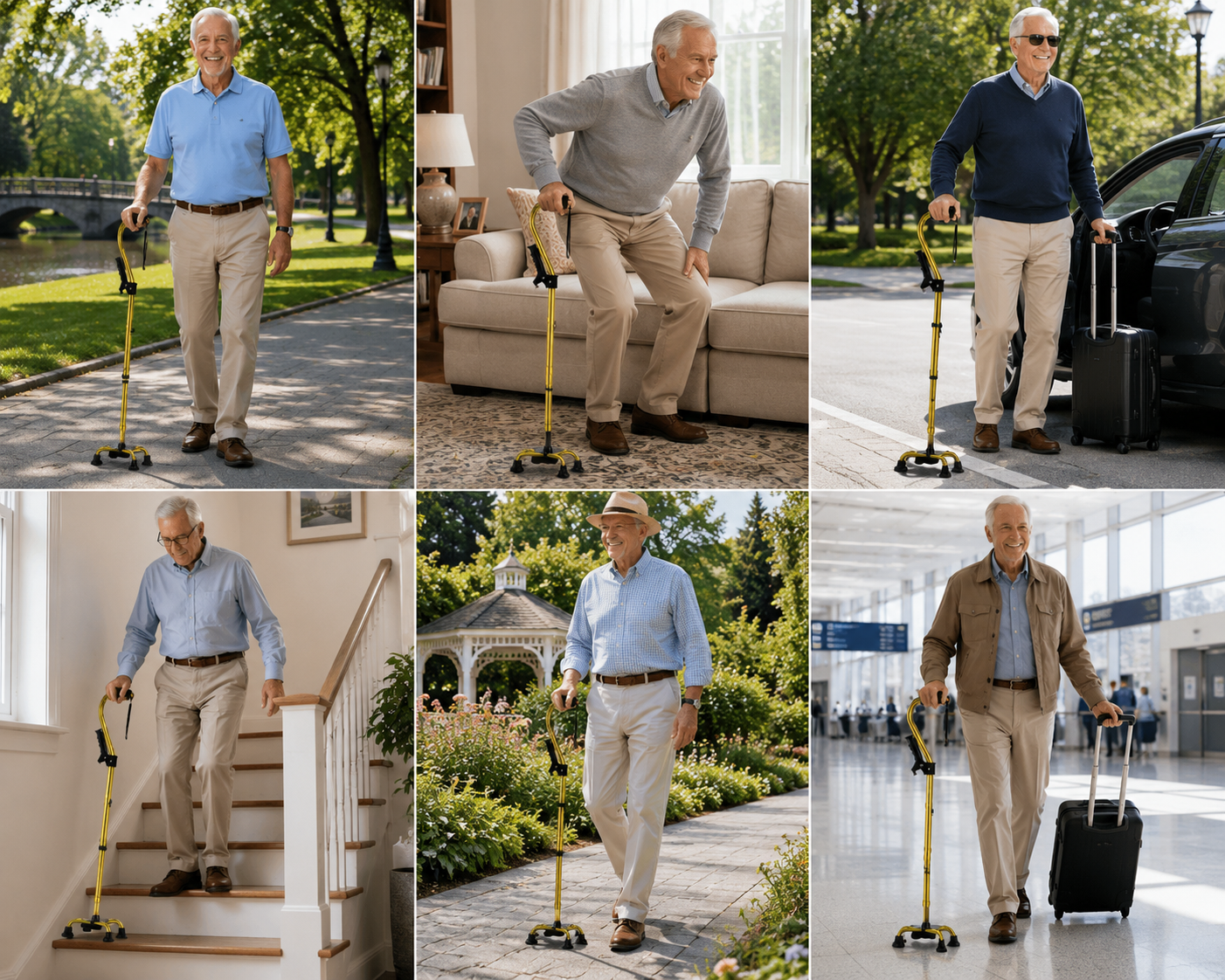 VIVA CARE Everyday Stylish Walking Stick – Foldable Adjustable Non-Slip 4 Prong Self-Standing Design, Gold