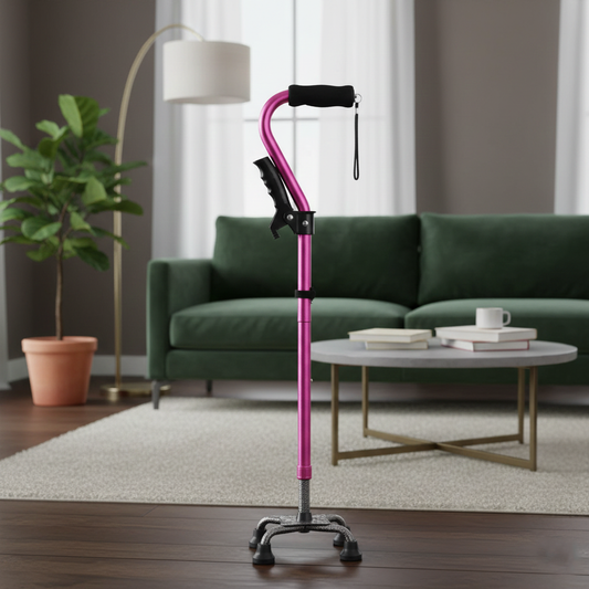 VIVA CARE Foldable Adjustable 4 Prong Walking Cane with Extra Side Handle – Non-Slip Quad Cane, 30-37 inch Long, Balance & Stability for Adults & Seniors, Pink