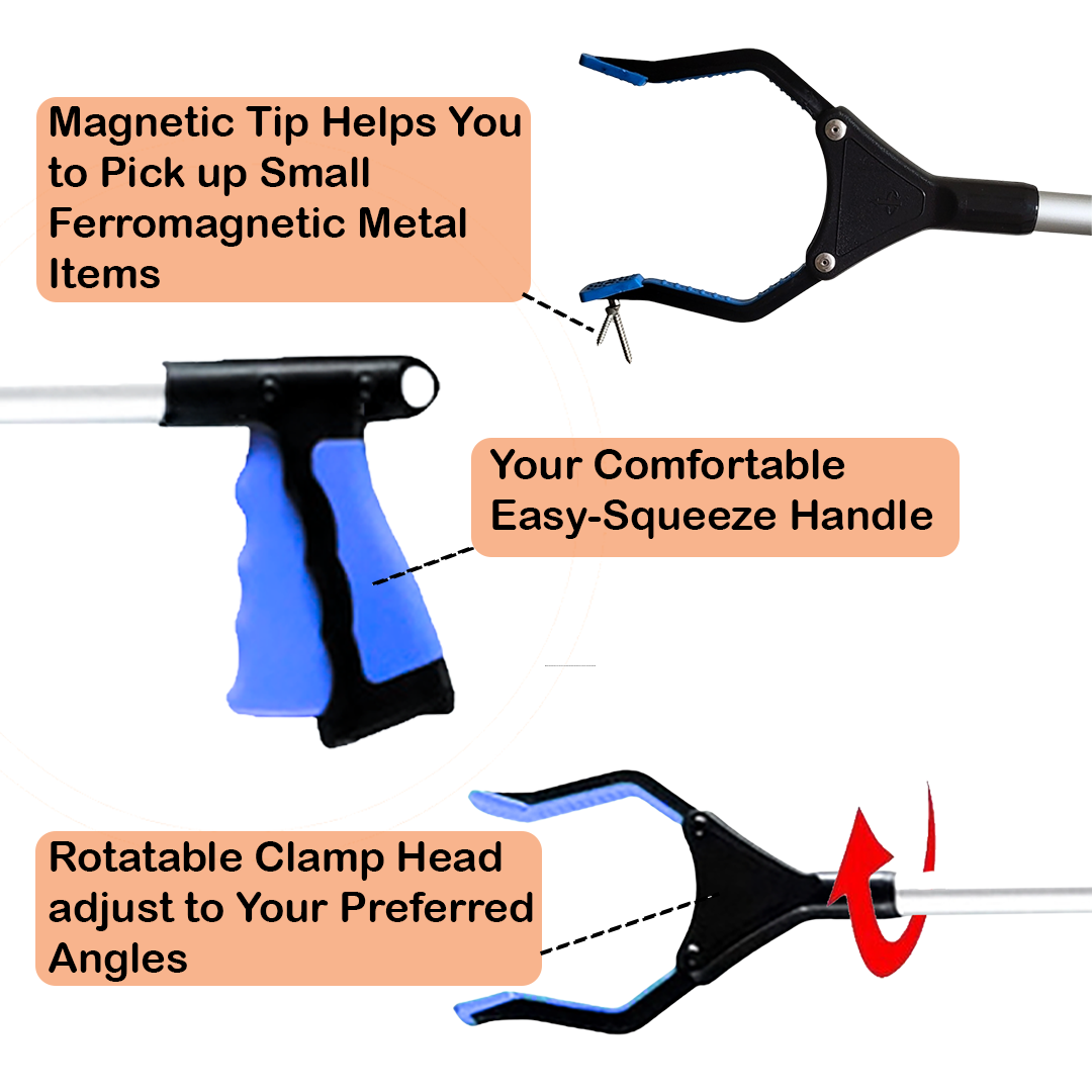 VIVA CARE Foldable Grabber Reacher for Seniors – Lightweight, Rotatable Clamp, Non-Slip Grip, 32" Long, An Arm Extension Pickup Tool, Blue