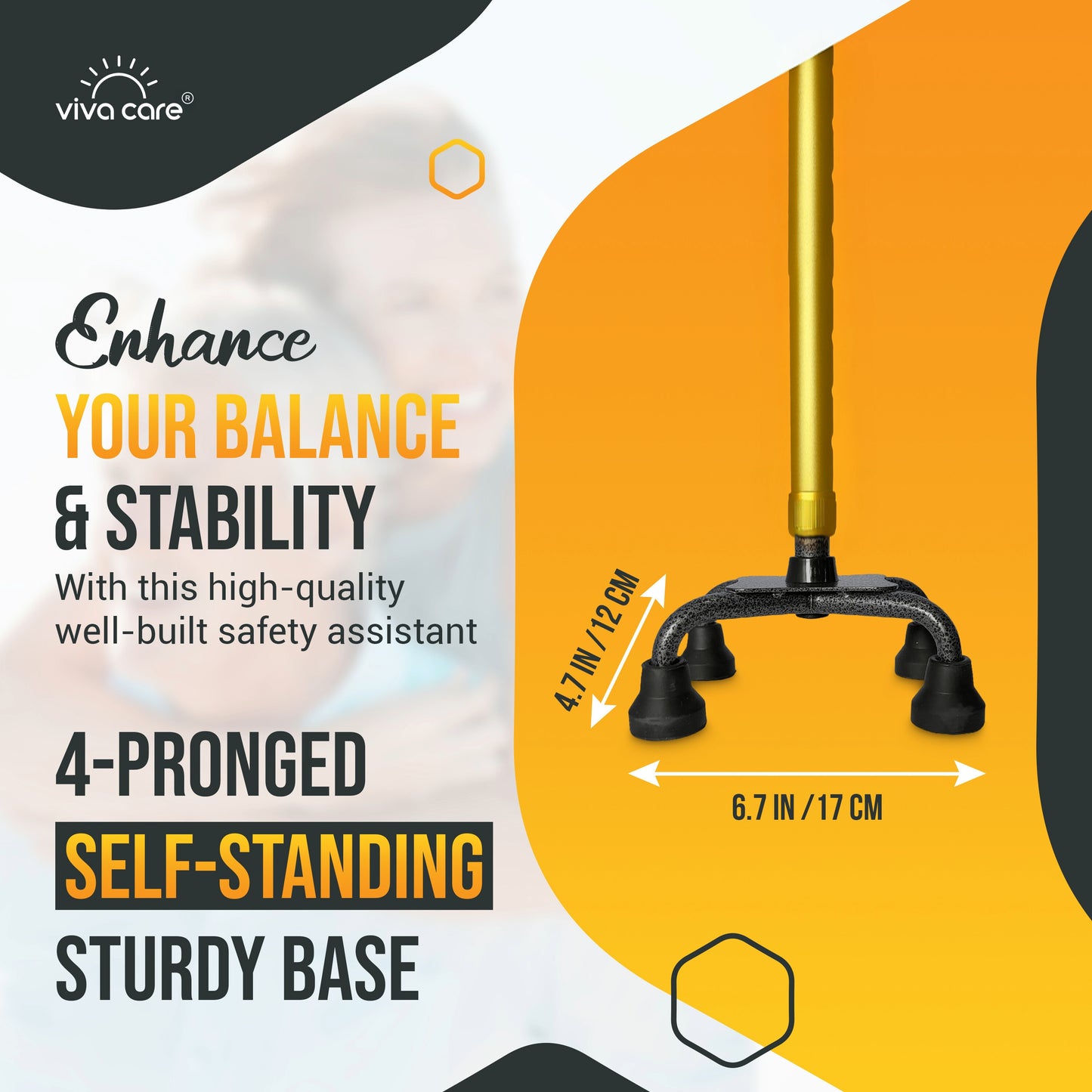 VIVA CARE Everyday Stylish Walking Stick – Foldable Adjustable Non-Slip 4 Prong Self-Standing Design, Gold
