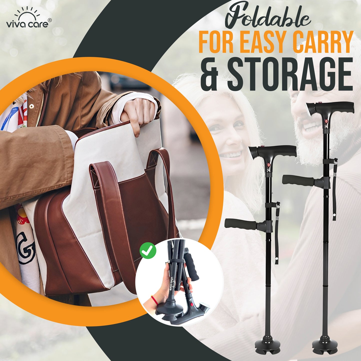 VIVA CARE Walking Stick with LED Light & Alarm – Lightweight, Foldable, Adjustable, Quad Base, Size M