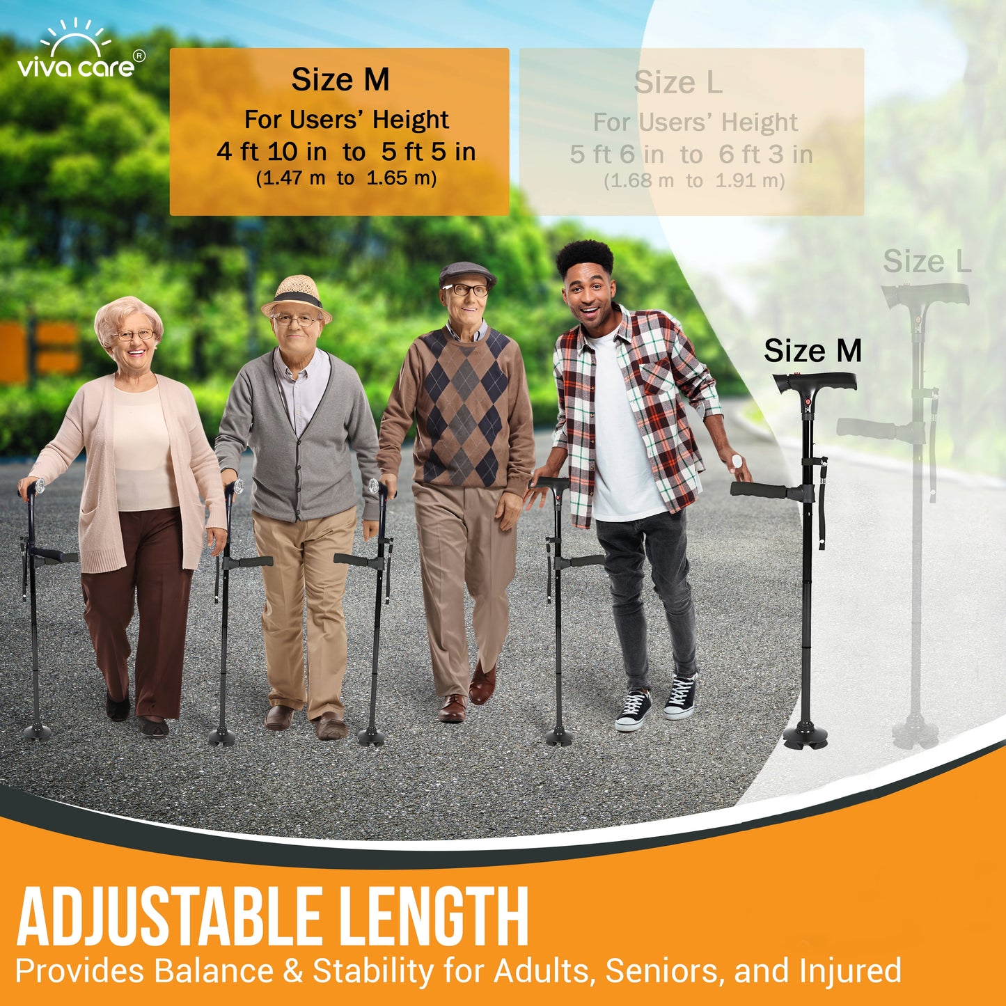 VIVA CARE Walking Stick with LED Light & Alarm – Lightweight, Foldable, Adjustable, Quad Base, Size M