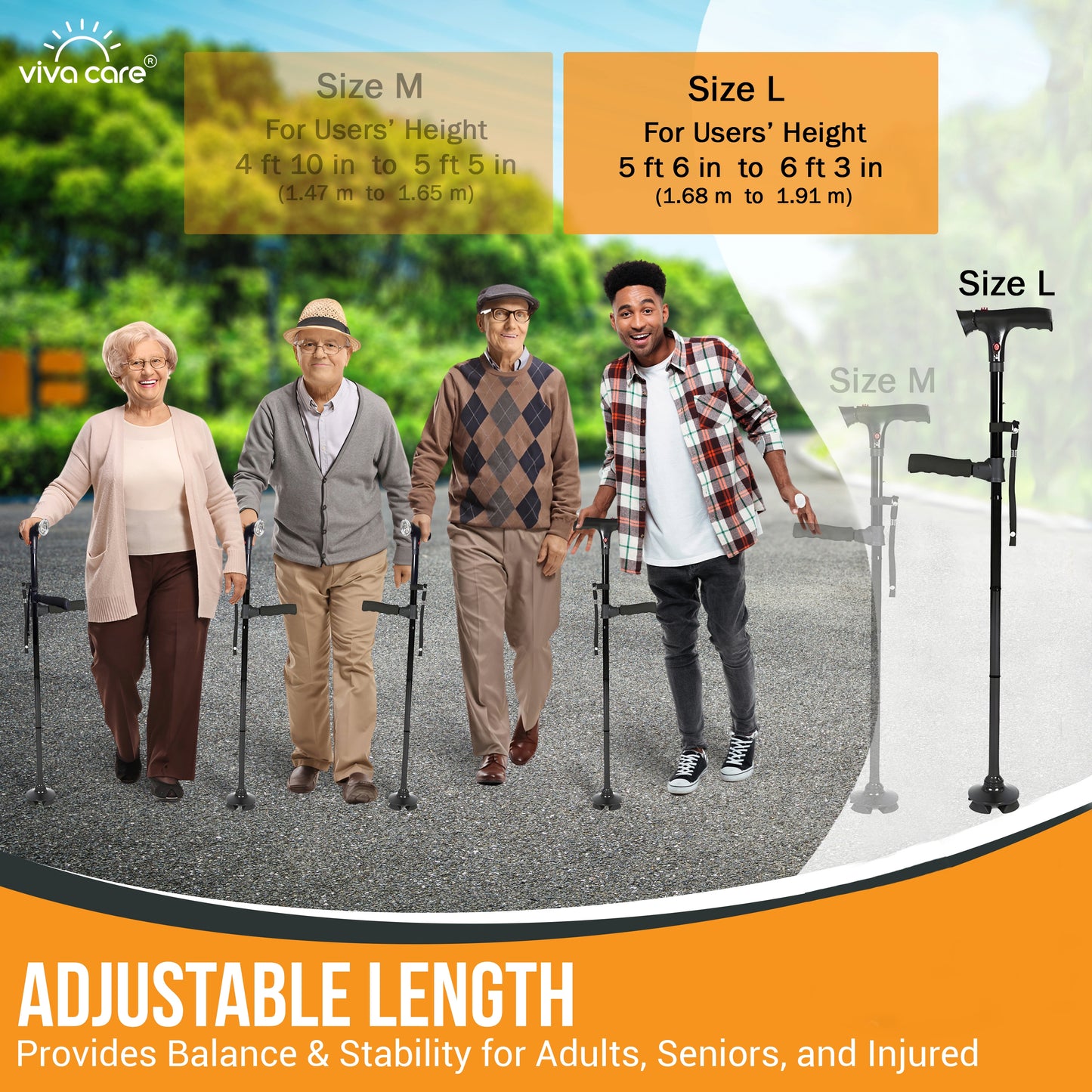 VIVA CARE Walking Stick with LED Light & Alarm – Lightweight, Foldable, Adjustable, Quad Base, Size L
