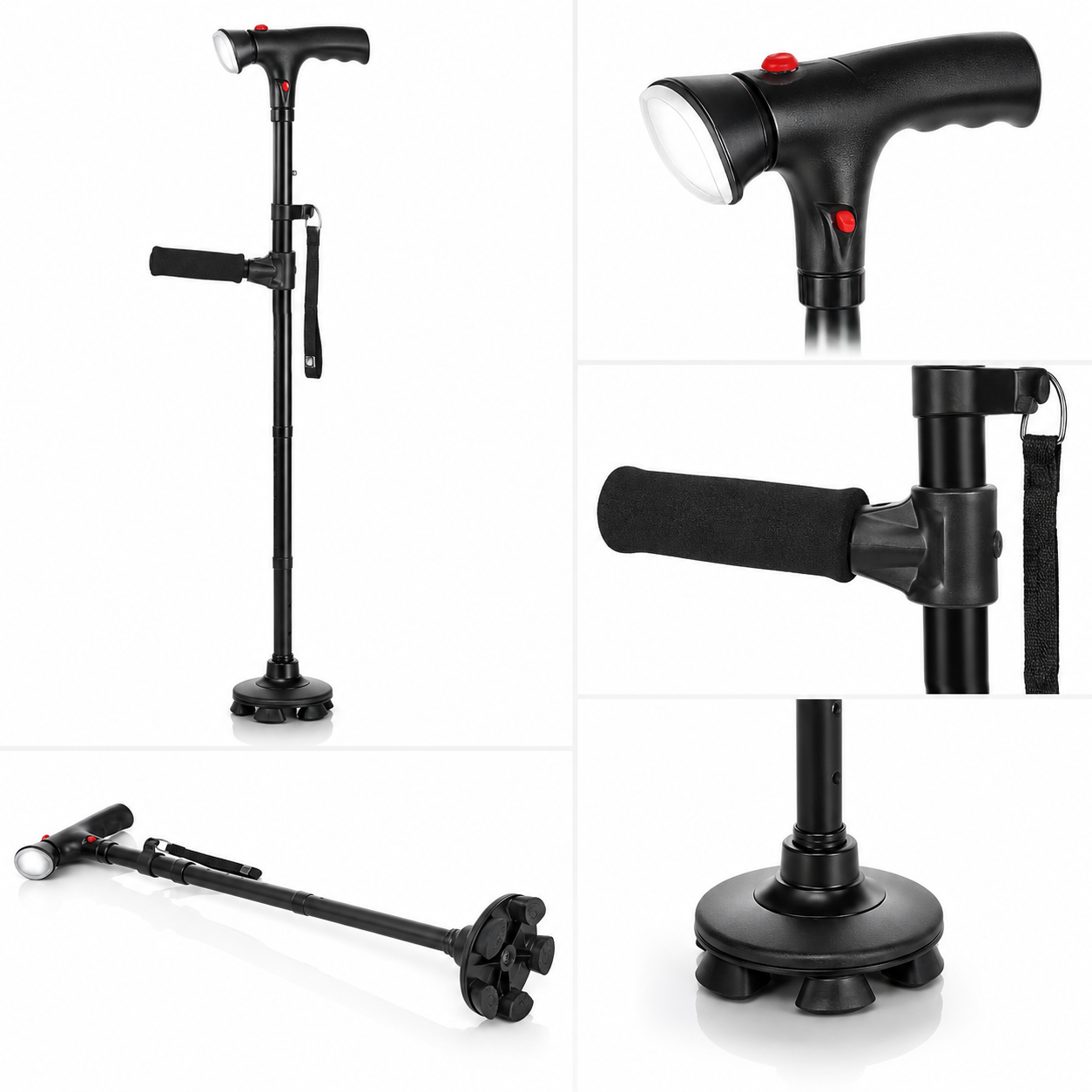 VIVA CARE Walking Stick with LED Light & Alarm – Lightweight, Foldable, Adjustable, Quad Base, Size L