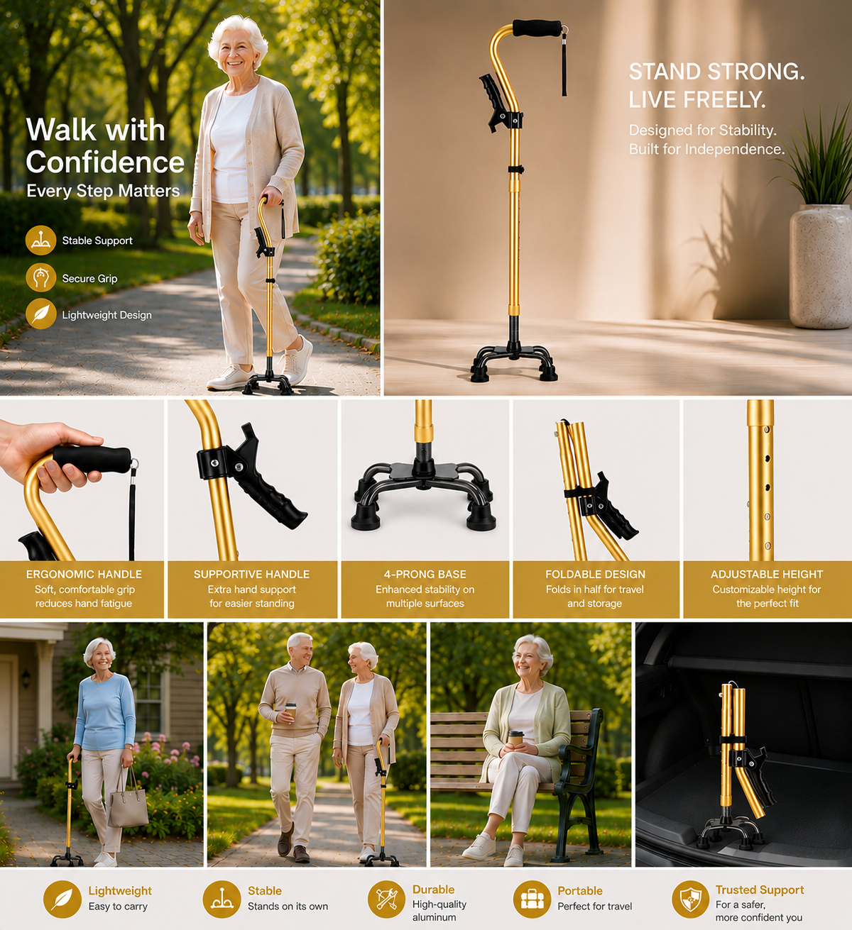 VIVA CARE Everyday Stylish Walking Stick – Foldable Adjustable Non-Slip 4 Prong Self-Standing Design, Gold