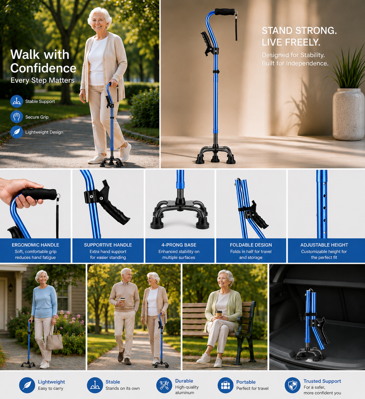 VIVA CARE Walking Cane – Foldable, Adjustable, 4-Prong Quad Base, Blue