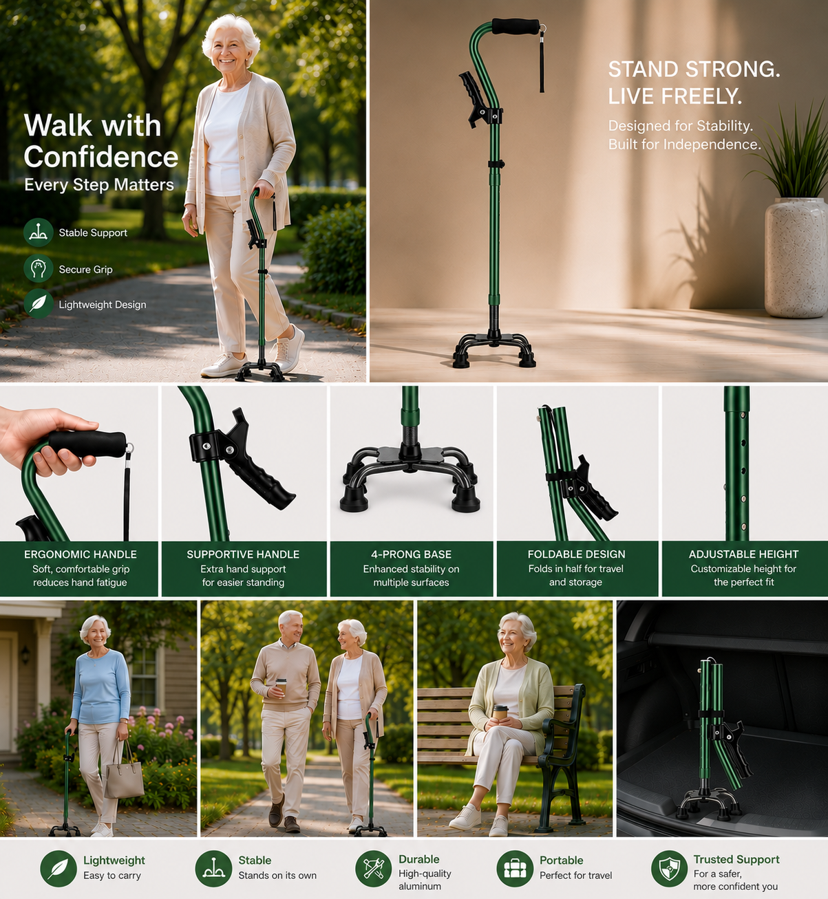 VIVA CARE Everyday Stylish Walking Stick – Foldable Adjustable Non-Slip 4 Prong Self-Standing Design, Green