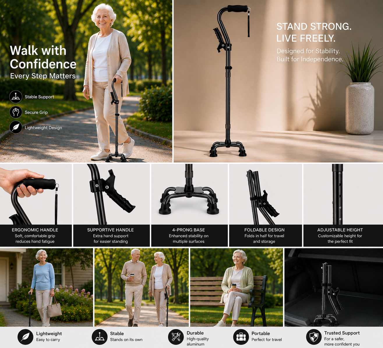 VIVA CARE Everyday Stylish Walking Stick – Foldable Adjustable Non-Slip 4 Prong Self-Standing Design, Black