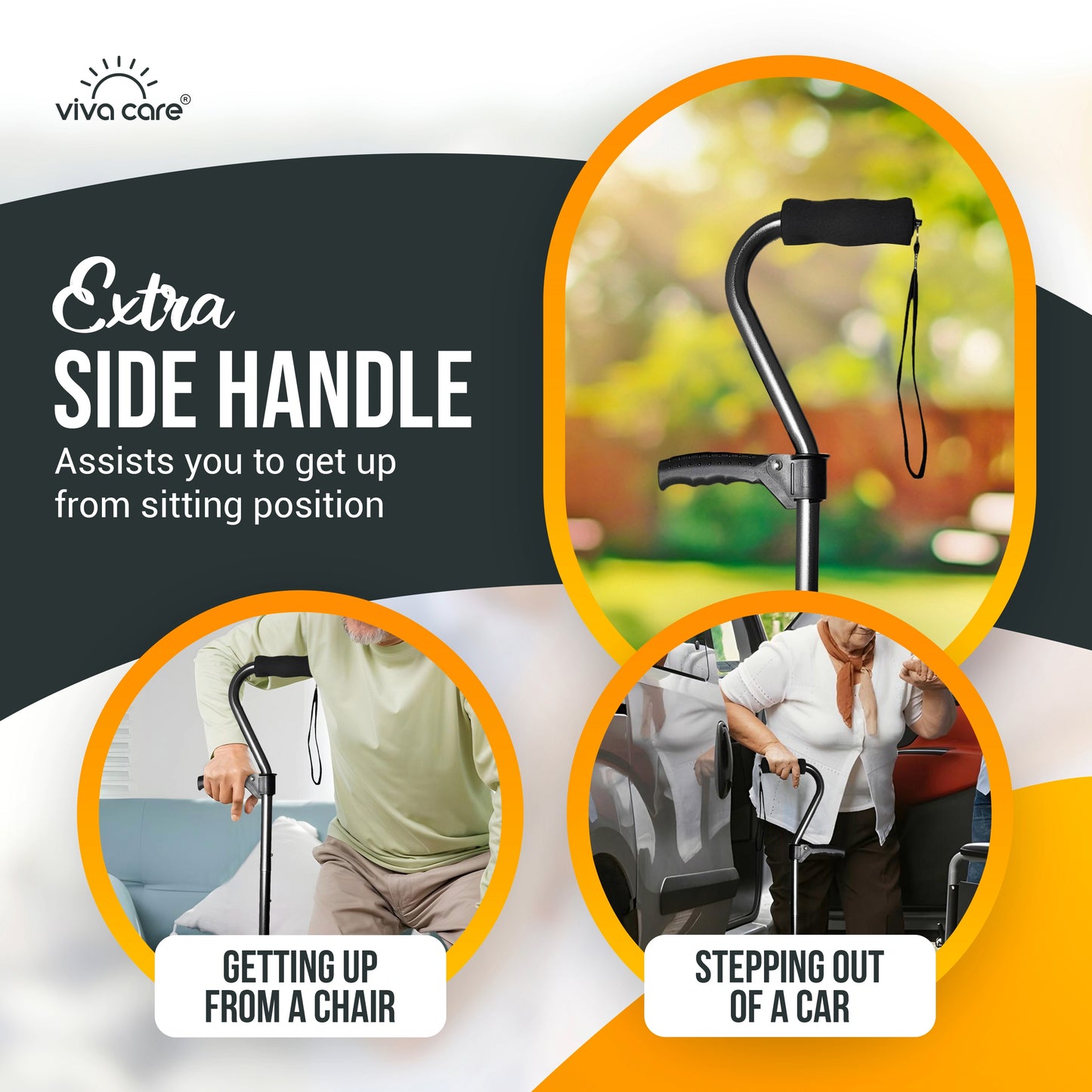 VIVA CARE Everyday Stylish Walking Stick – Foldable Adjustable Non-Slip 4 Prong Self-Standing Design, Black