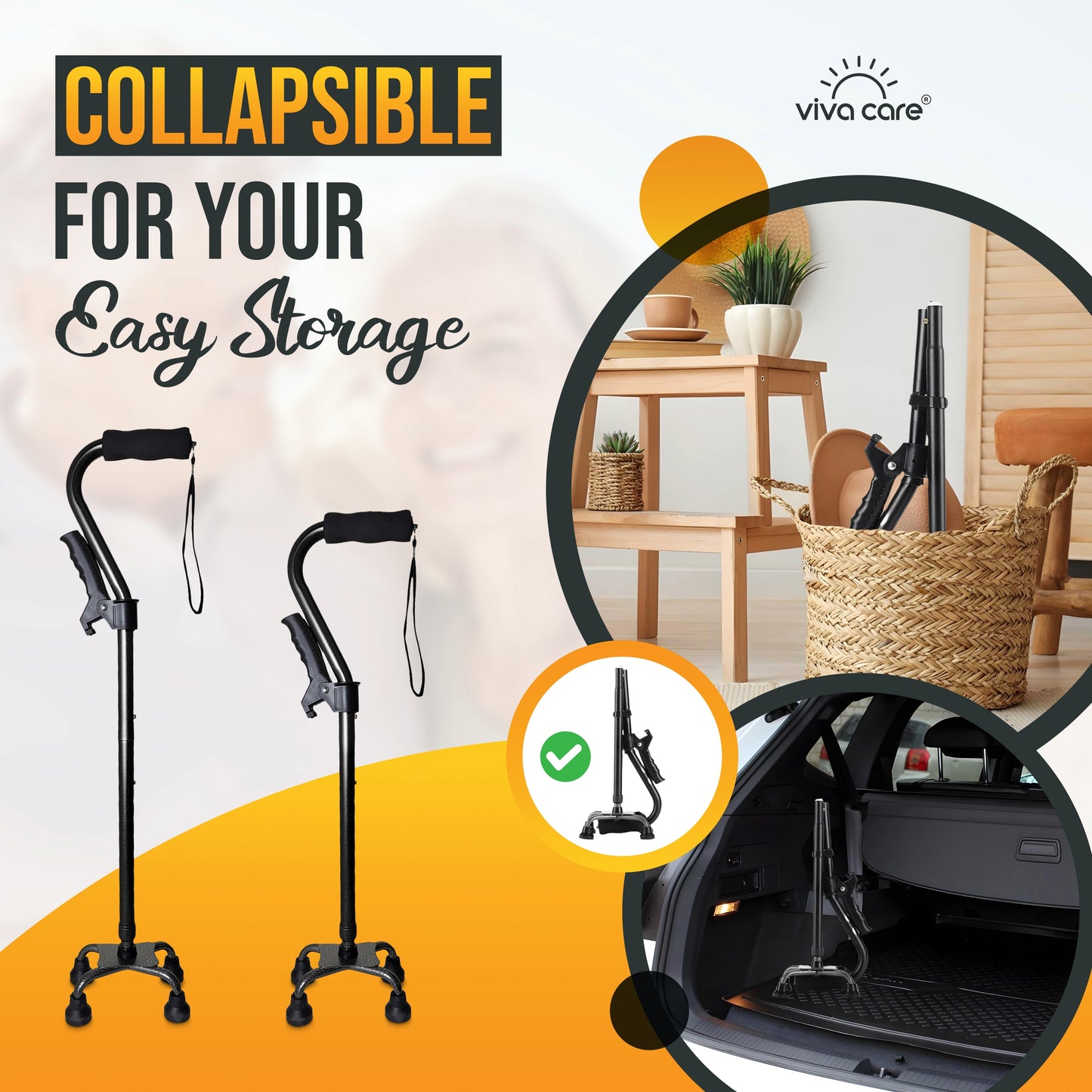 VIVA CARE Everyday Stylish Walking Stick – Foldable Adjustable Non-Slip 4 Prong Self-Standing Design, Black