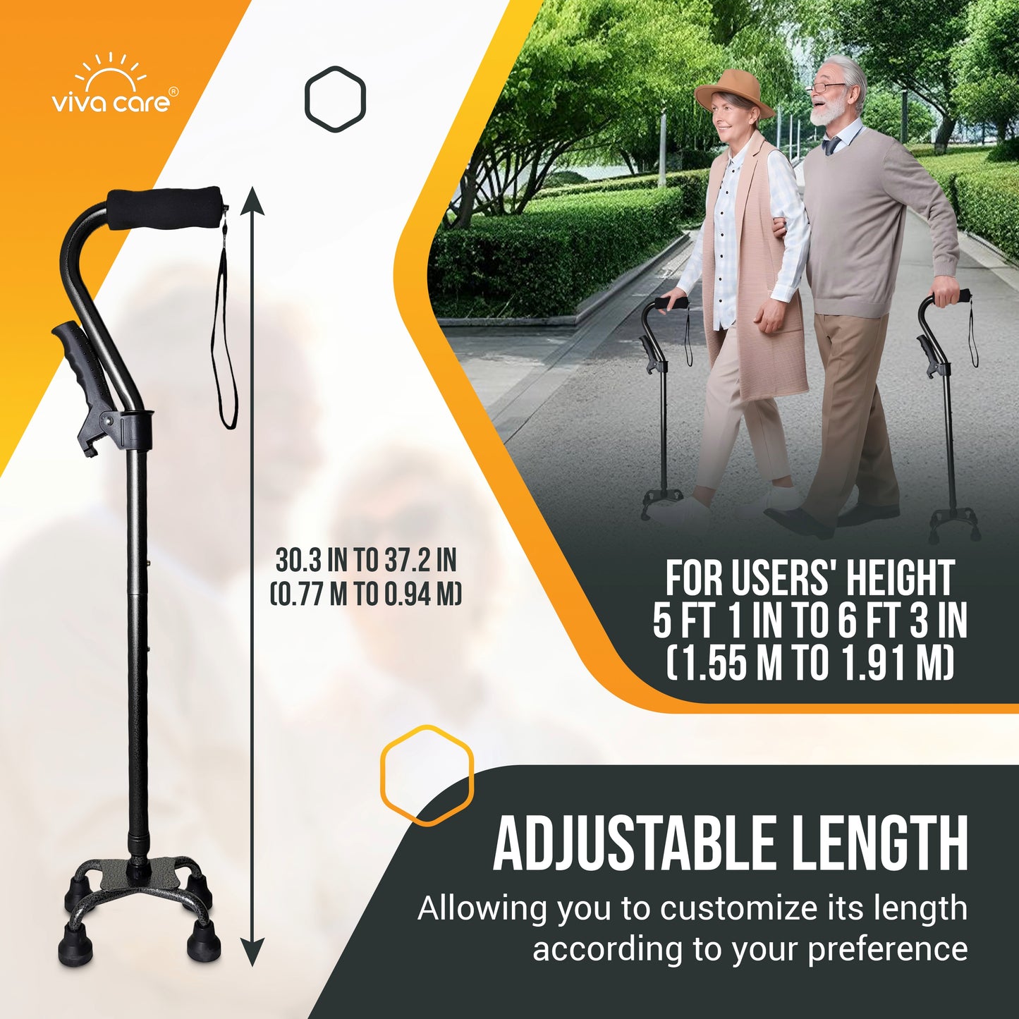 VIVA CARE Everyday Stylish Walking Stick – Foldable Adjustable Non-Slip 4 Prong Self-Standing Design, Black