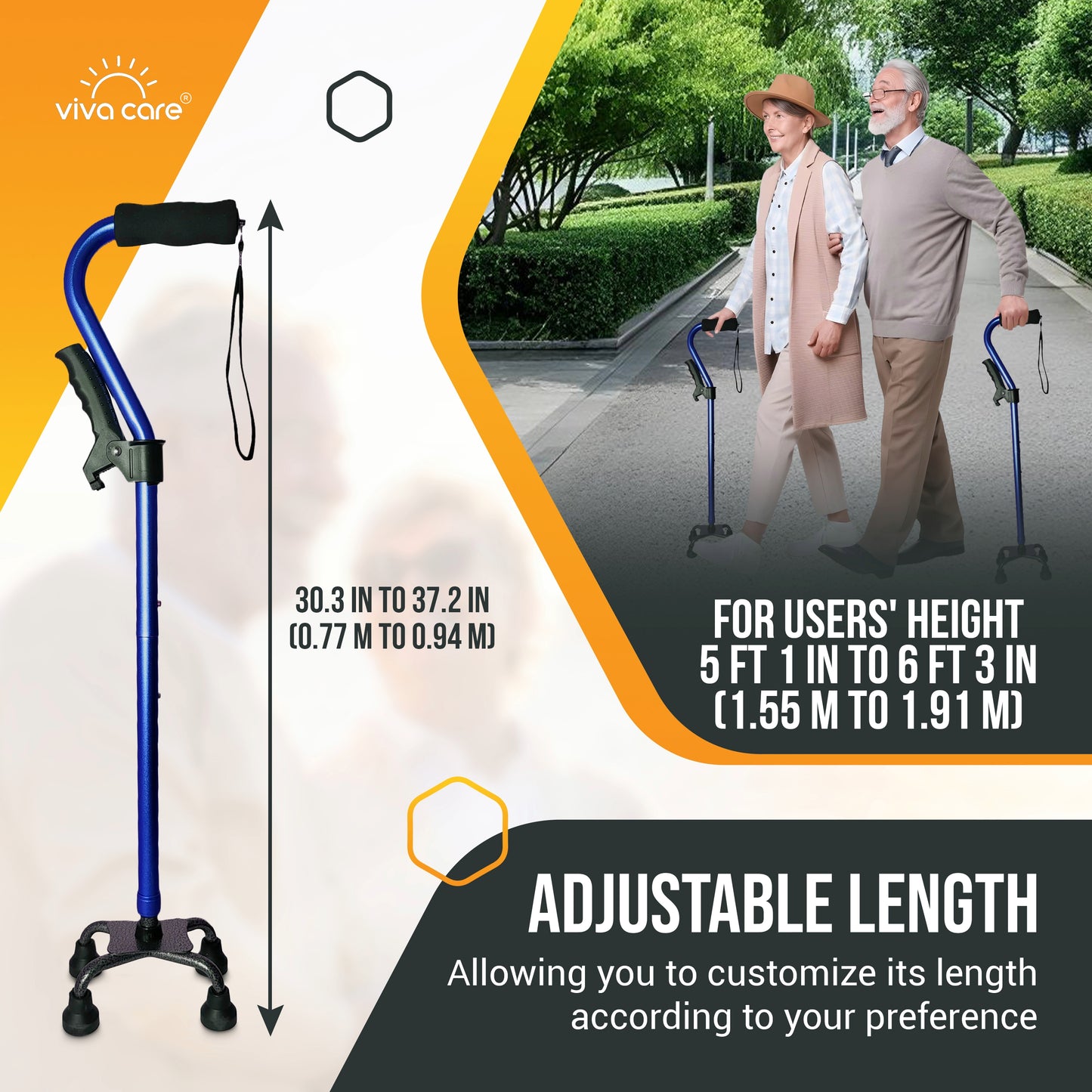 VIVA CARE Everyday Stylish Walking Stick – Foldable Adjustable Non-Slip 4 Prong Self-Standing Design, Blue