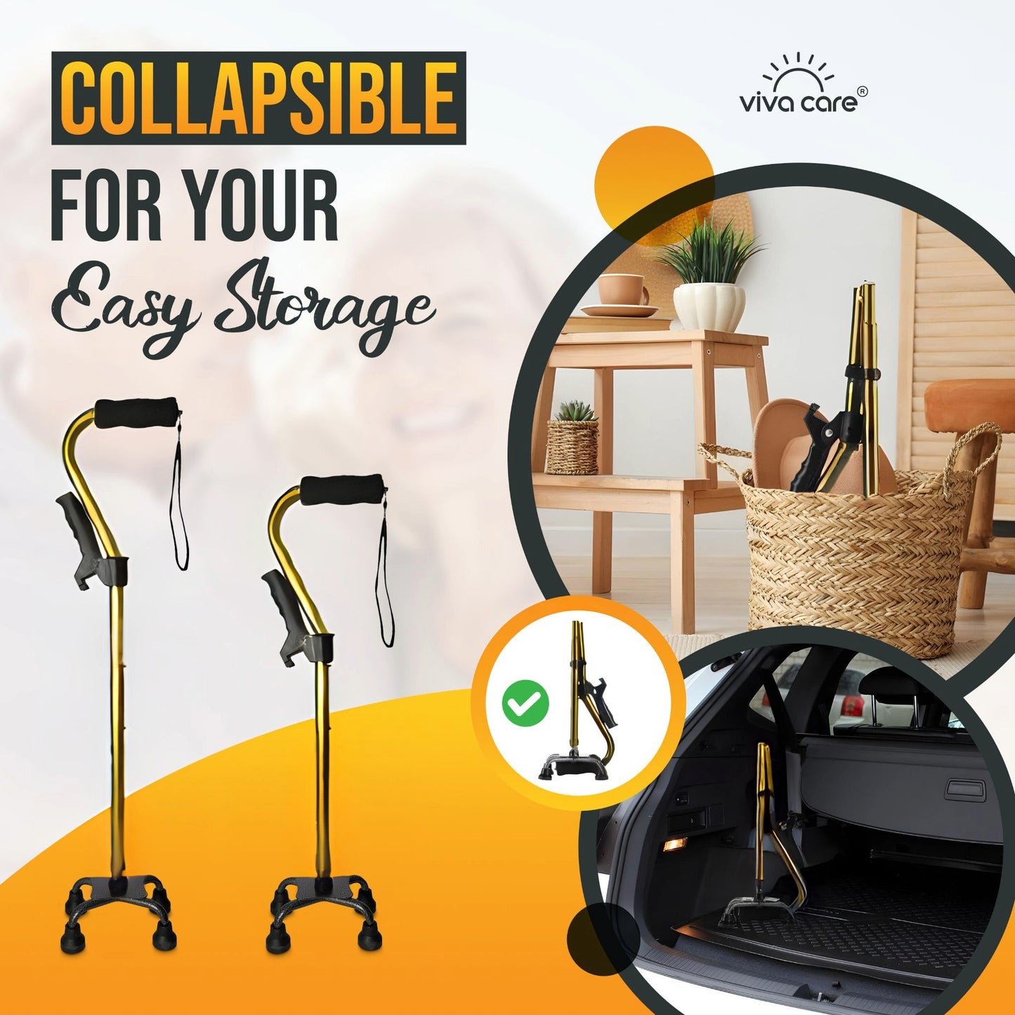 VIVA CARE Everyday Stylish Walking Stick – Foldable Adjustable Non-Slip 4 Prong Self-Standing Design, Gold