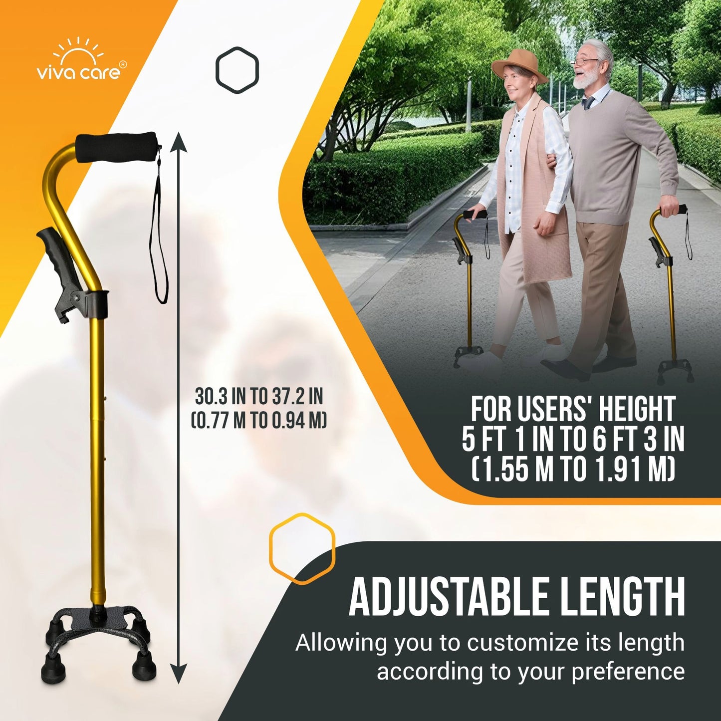 VIVA CARE Everyday Stylish Walking Stick – Foldable Adjustable Non-Slip 4 Prong Self-Standing Design, Gold