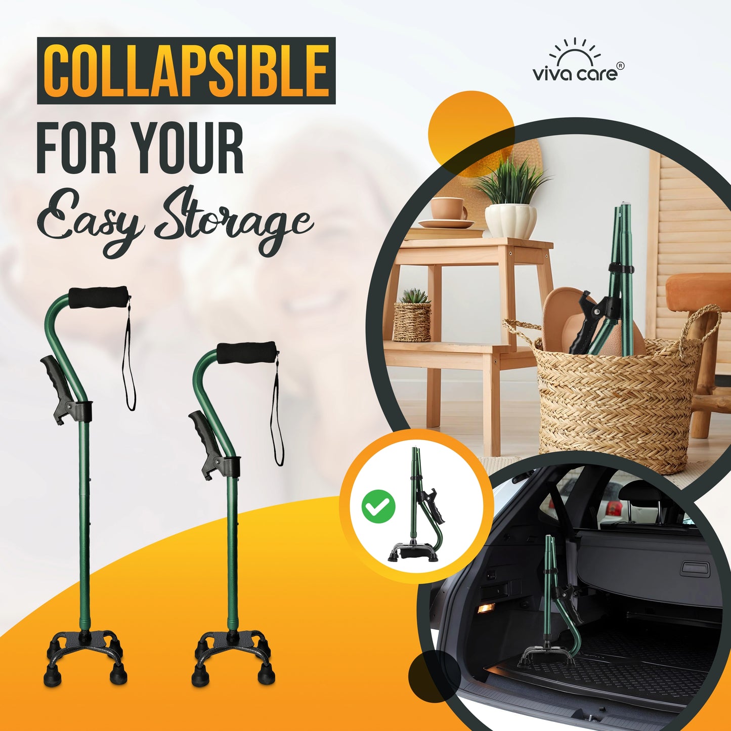 VIVA CARE Everyday Stylish Walking Stick – Foldable Adjustable Non-Slip 4 Prong Self-Standing Design, Green