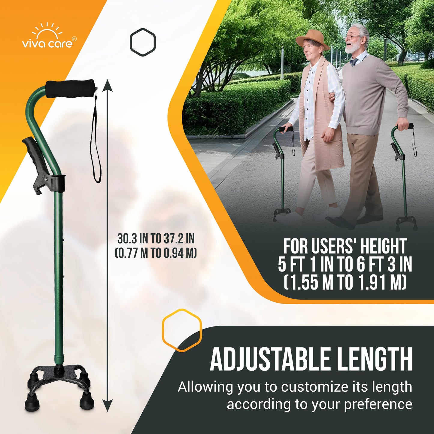 VIVA CARE Everyday Stylish Walking Stick – Foldable Adjustable Non-Slip 4 Prong Self-Standing Design, Green