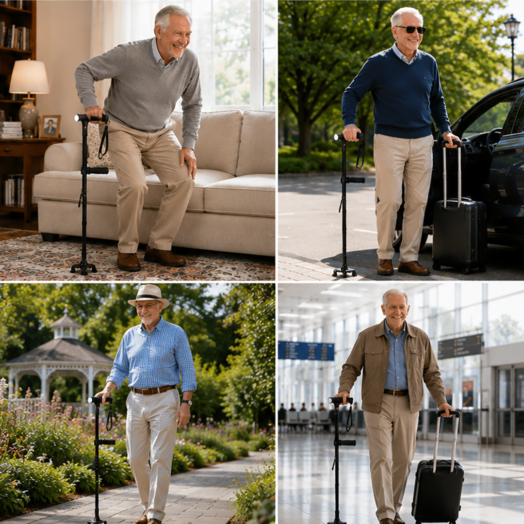 VIVA CARE Walking Stick with LED Light & Alarm – Lightweight, Foldable, Adjustable, Quad Base, Size L
