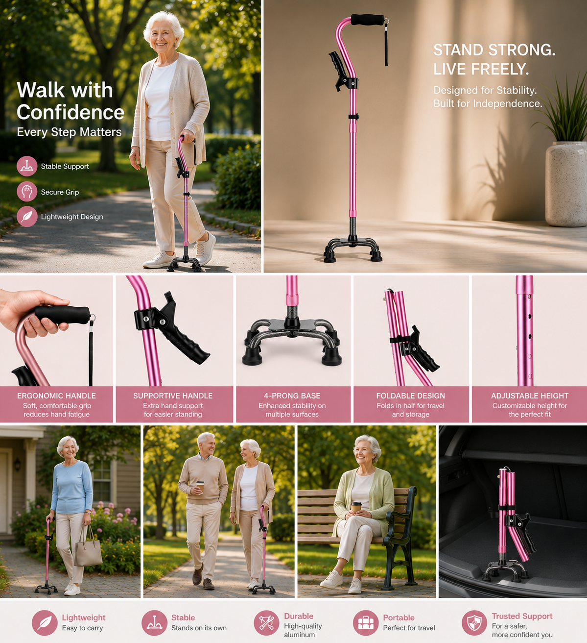 VIVA CARE Everyday Stylish Walking Stick – Foldable Adjustable Non-Slip 4 Prong Self-Standing Design, Pink