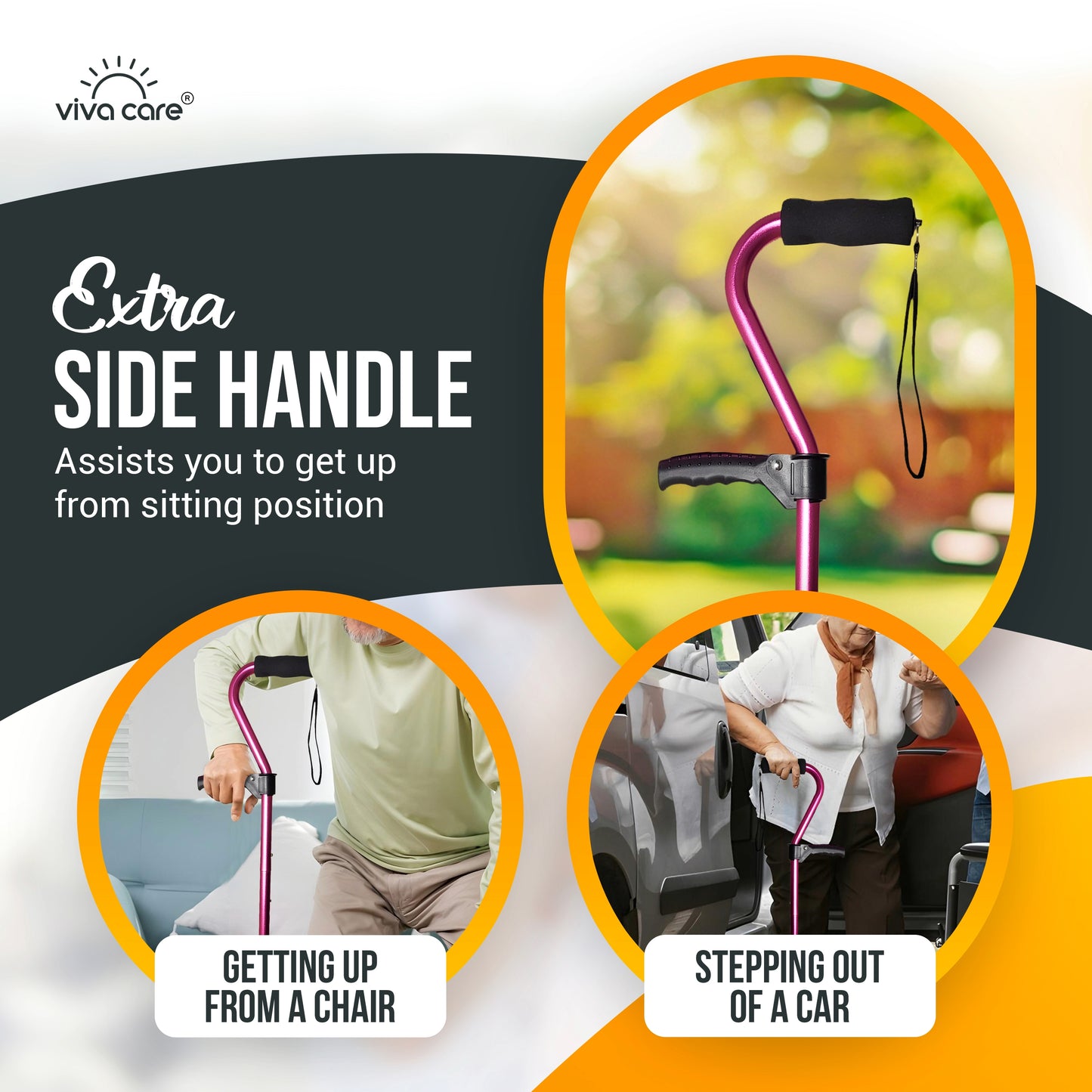 VIVA CARE Everyday Stylish Walking Stick – Foldable Adjustable Non-Slip 4 Prong Self-Standing Design, Pink