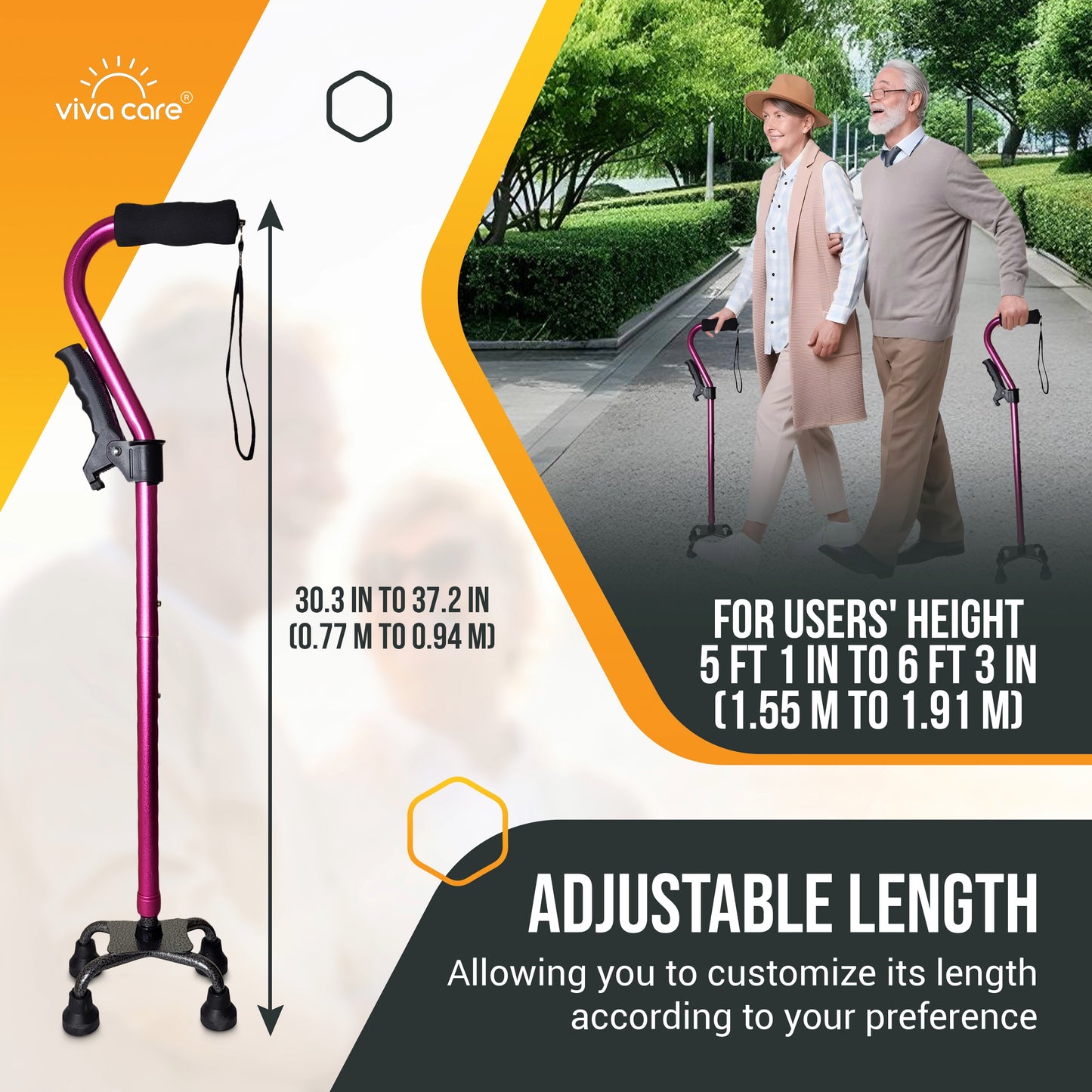 VIVA CARE Everyday Stylish Walking Stick – Foldable Adjustable Non-Slip 4 Prong Self-Standing Design, Pink